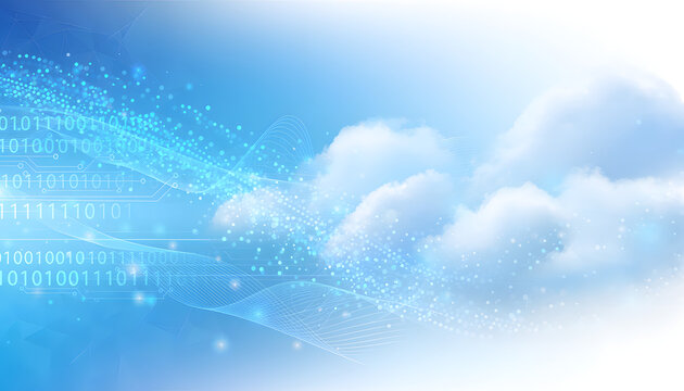 Digital Transformation Abstract Background with Binary Code Particles Evolving into Cloud Computing Network in Blue and White