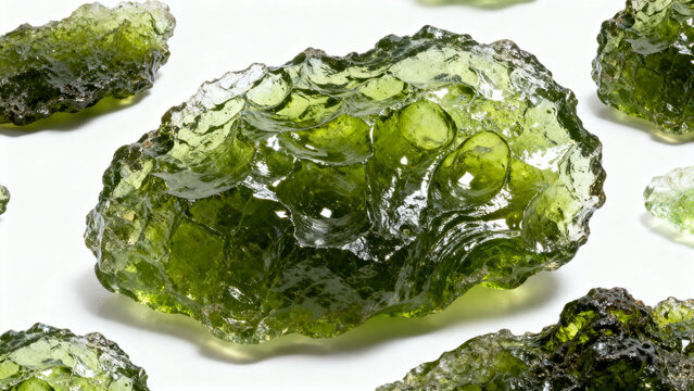 Close-up of textured green natural moldavite stones, a translucent gemstone with bubbles