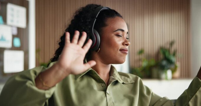 Headphones, smile and businesswoman dancing in office with music, radio or playlist on break. Happy, professional and female creative editor listening to album with audio tech for groove in workplace