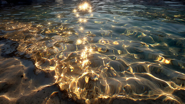 Shimmering water caustics pattern with golden sunlight, abstract ocean light effect