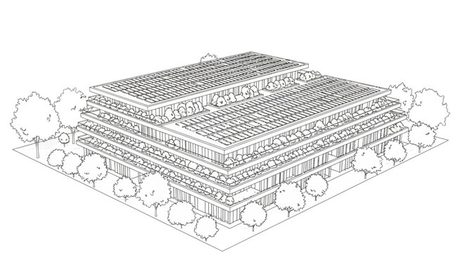 Architectural line drawing of a modern multi-story building with a flat roof and surrounding trees in an isometric view.