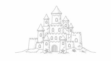 Obraz premium Hand-drawn sketch of a sandcastle on a beach with starfish and shells