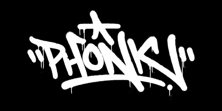 Phonk Music Graffiti Tag Spray Paint. Bold White Typography with Realistic Paint Drips and Gritty Texture for Urban Streetwear Design.