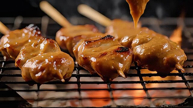 Close-Up Chicken Satay with Dripping Peanut Sauce on Charcoal Grill