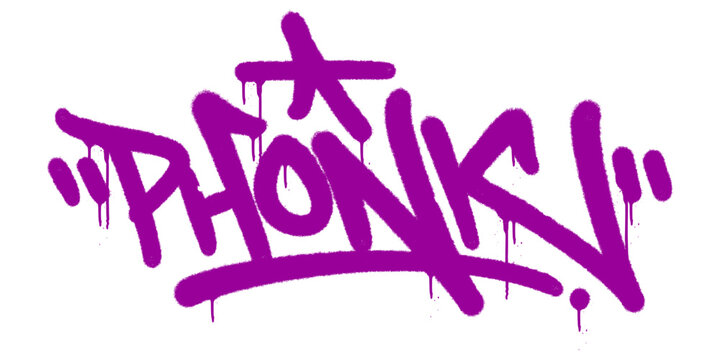Phonk Purple Graffiti Tag Spray Paint. Vibrant Violet Lettering with Gritty Texture and Paint Drips for Modern Streetwear Branding.