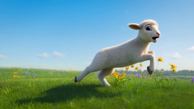 Adorable Cartoon Lamb Running in Sunny Spring Meadow, Easter & Farm Animal Clip Art