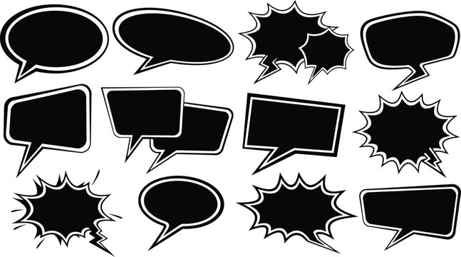 black and white comic book style speech bubbles for dialogue  various shapes and sizes