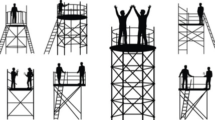 Construction worker silhouettes on circular scaffolding towers and platforms, industrial building installation and maintenance teamwork safety concept, black vector illustration isolated on white ba © SreemotiLipi