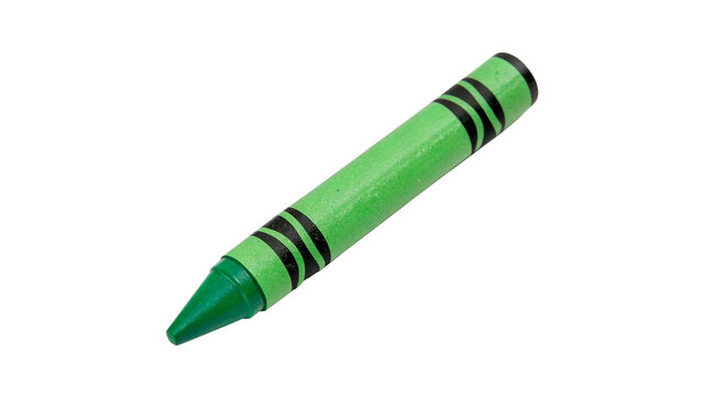 Green crayon with pointed tip and black stripes around the body isolated on transparent background cut out