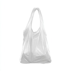 A translucent, white, plastic shopping bag with its handles looped, against a white background