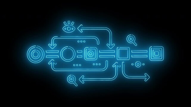 Glowing blue neon flowchart diagram with arrows and icons on a dark background with a futuristic and technological mood.