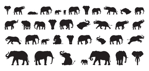 black elephant silhouettes captured in running and charging poses with dust and dynamic legs, powerful motion and energy emphasized for sports, action, and dramatic nature visuals © Yanka