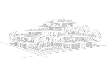 Fototapeta premium Architectural rendering of a modern building with green terraces and solar panels, emphasizing sustainable design.