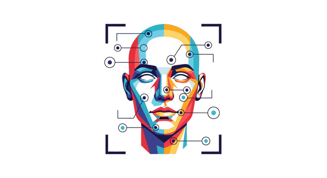 Stylized multi-color human head with facial recognition points and scanning frame, representing biometric technology.