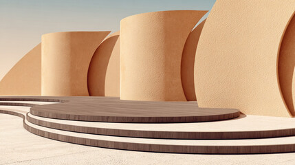 Scene with Curved Beige Cylindrical Walls and Circular Stepped Platform