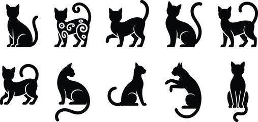 Black cat silhouette set with various sitting, walking and jumping feline poses vector illustration isolated on white background © Heyyy