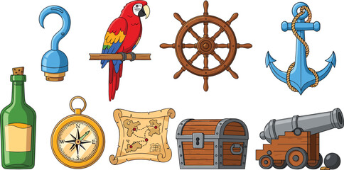 Pirate adventure nautical vector icon set featuring a scarlet macaw parrot treasure chest antique map ship wheel anchor cannon and compass. © mstLilima
