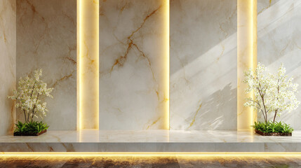 Marble Wall with Vertical Light Strips and Potted Trees