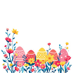 Vsai decorated easter eggs surrounded by vibrant spring flowers