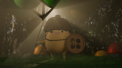 Cute 3D acorn knight character holding a button shield and needle sword in a magical misty forest. © Lk