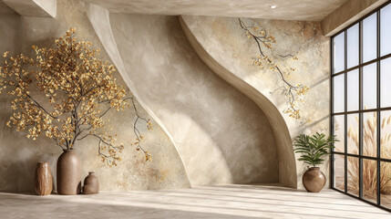 Natural Interior with Curved Wall and Large Window