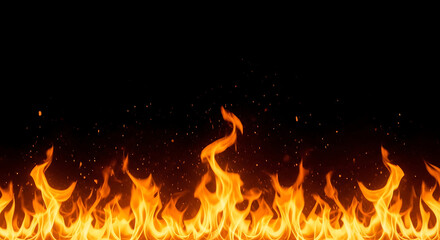 Fototapeta premium Abstract blazing fire flame background featuring flickering intense orange and yellow heat tongues burning against deep black dark backdrop for dramatic glow banner poster design.