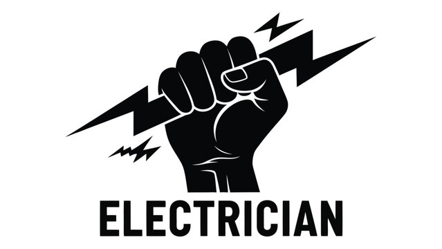 A clenched fist with a lightning bolt symbolizing the power and skill of an electrician isolated on white background, Vector