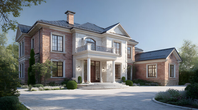 Elegant Mansion with Grand Entrance and Lush Landscaping