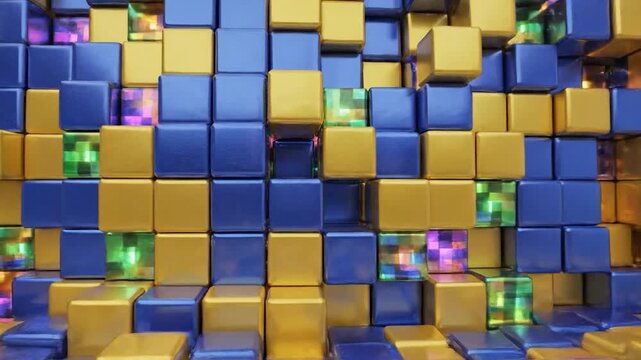 Vibrant blue and gold geometric cubes form an abstract textured background