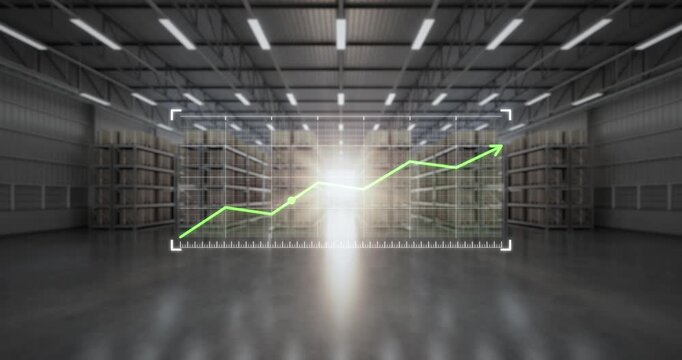 Professional high-quality visual, merges modern warehouse infrastructure with growth data visualization to illustrate economic progress and sustainable business success in global supply chain industry