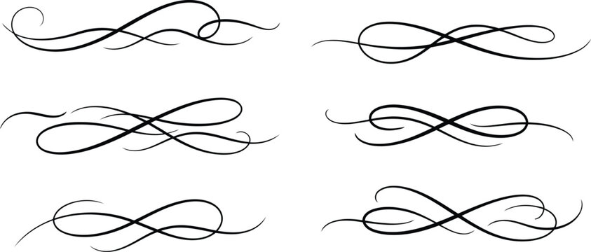set of six elegant black swirling calligraphy lines and curves for decoration and design