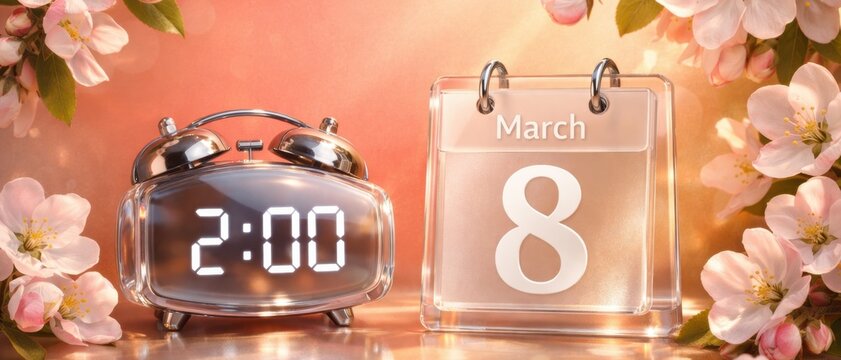 Daylight Saving Time 2026 Begins. Spring Forward Concept. Digital Glass Alarm Clock showing 2:00 AM and March 8 Calendar with Spring Blossoms on Peach Background. Wide Banner.