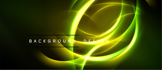Dark green background features glowing yellow curves. Text reads background design. Abstract light shapes create dynamic visual effect.