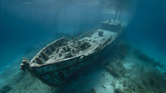 Sunken Shipwreck Resting on the Ocean Floor with Light Rays