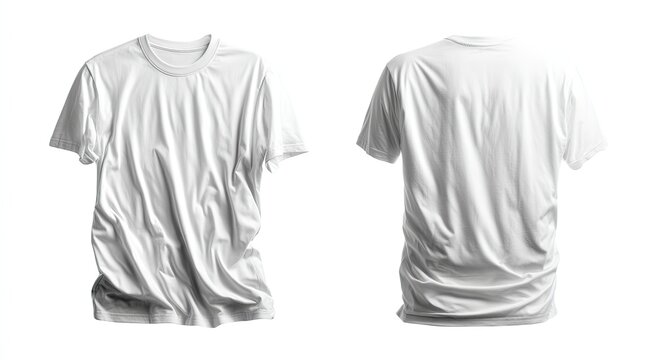 Front and back views of a white, short-sleeved t-shirt isolated on a white background