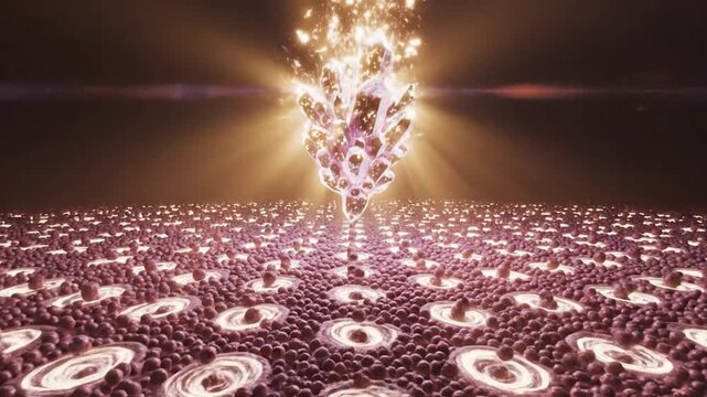 A vibrant glowing crystal formation surrounded by numerous dark cellular