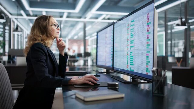 Woman Analyzing Data Records And Financial Accounts On Computer