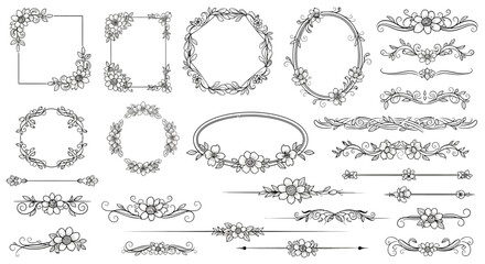 Obraz premium Elegant Floral Frames, Wreaths and Ornamental Dividers Collection in Black and White Line Style