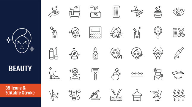 Beauty icon set. Outline icon with Editable stroke. Vector illustration