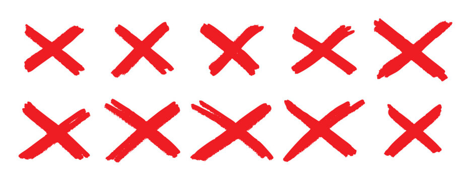 Red cross X mark set. Hand drawn delete symbols collection. Cancel and wrong icons for UI design vector