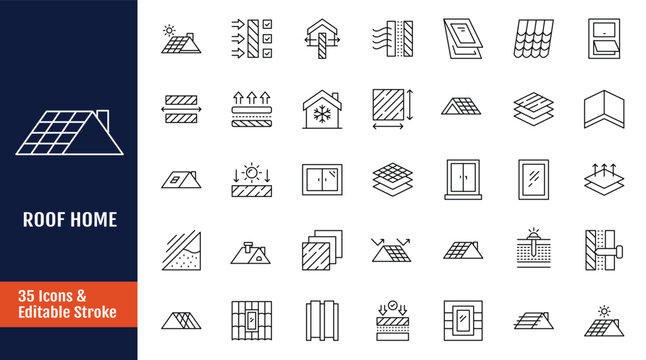 Roofing icon set. Outline icon with Editable stroke. Vector illustration
