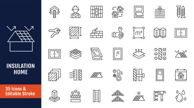 Insulation home icon set. Outline icon with Editable stroke. Vector illustration