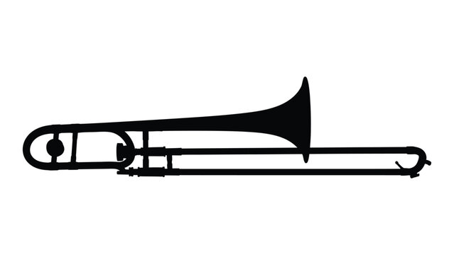 A black and white illustration of a trombone with a long slide and bell. isolated on white background, Vector