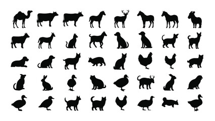 A diverse collection of black silhouettes of various animals and birds isolated on white background, Vector