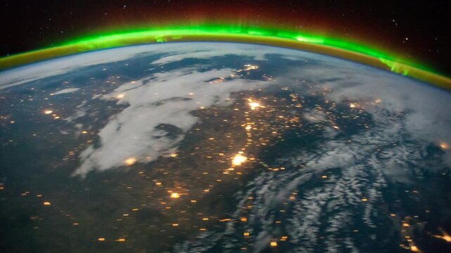 Time-lapse Video of Earth with Aurora seen from the International Space Station ISS with city lights at night over US, Time Lapse 4K. Images courtesy of NASA.	
