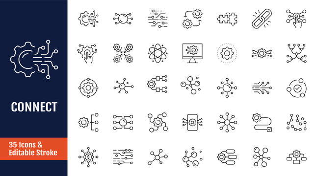 Connect icon set. Icons related to network, join, collaborate, interact, integration, connection, link, together, interaction, and more. Outline icon with Editable stroke. Vector illustration
