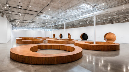 Circular Wooden Seating in Modern Gallery
