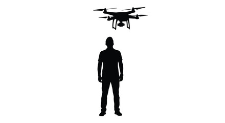 A person stands beneath a flying drone against a white background silhouette © Taylor