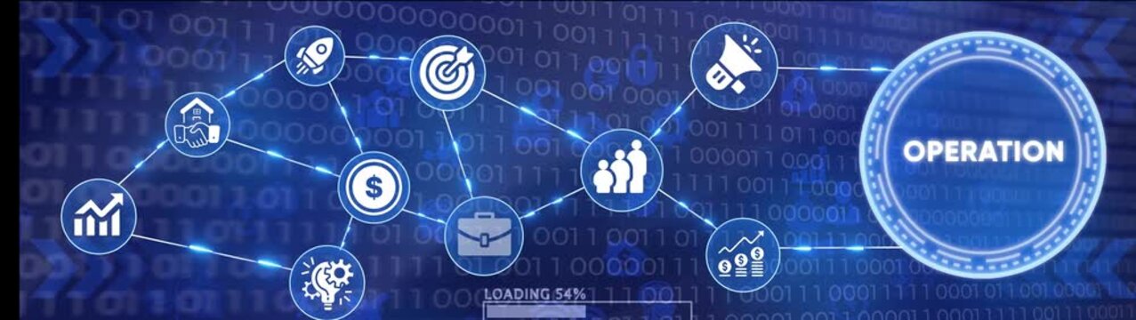 Dynamic network of business icons with binary code background and progress loading bar