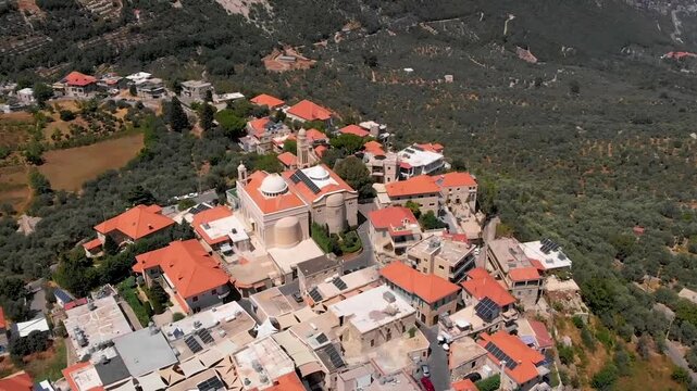 Aerial scenic view of Douma, Lebanon, in the Tannourine region, ideal for destination marketing, lifestyle content, and cultural tourism.